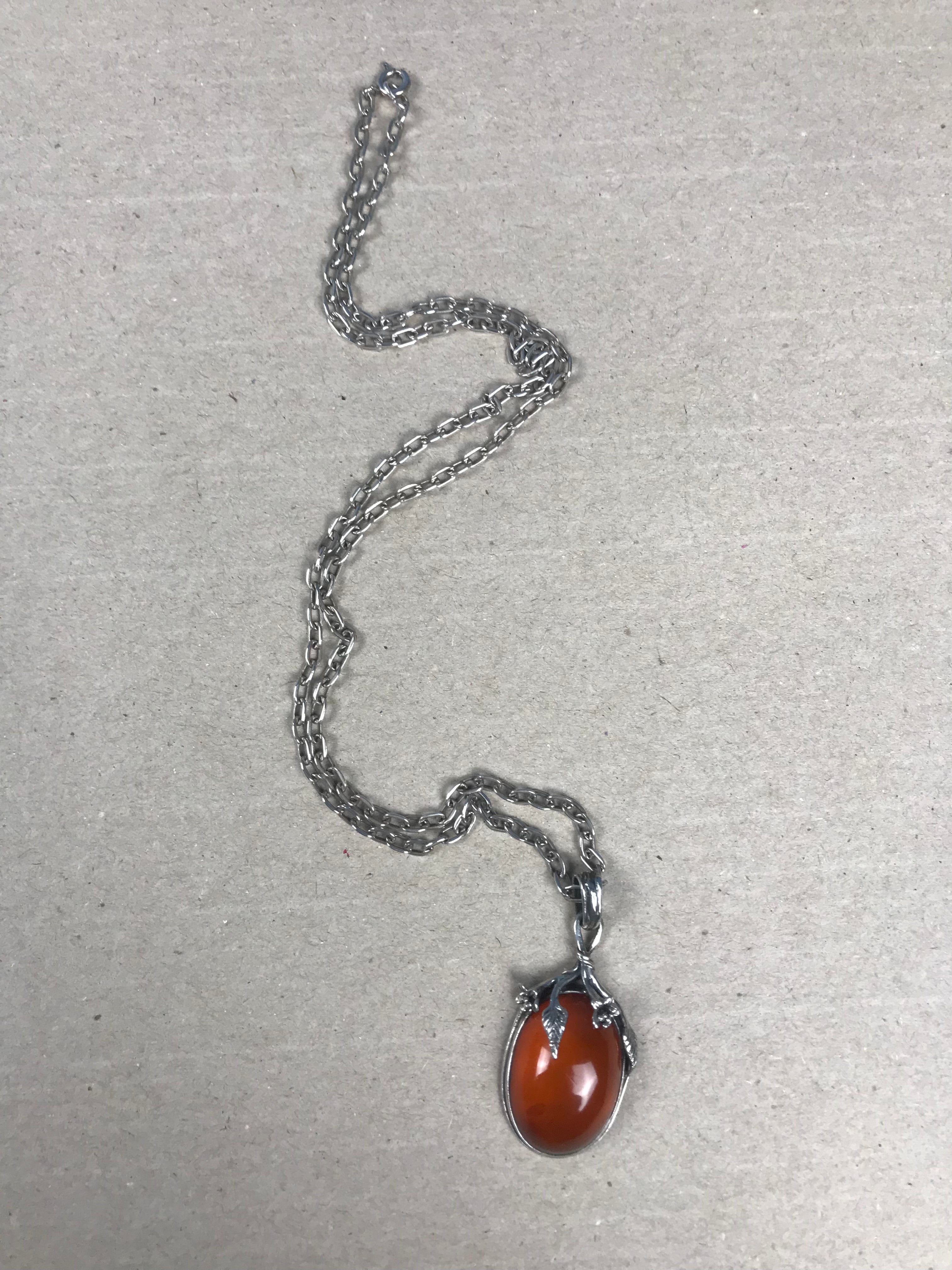 Antique Art Nouveau 1930s Amber & Silver Pendant Necklace