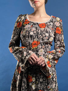 Vintage 1970s Prairie Floral Midi Dress