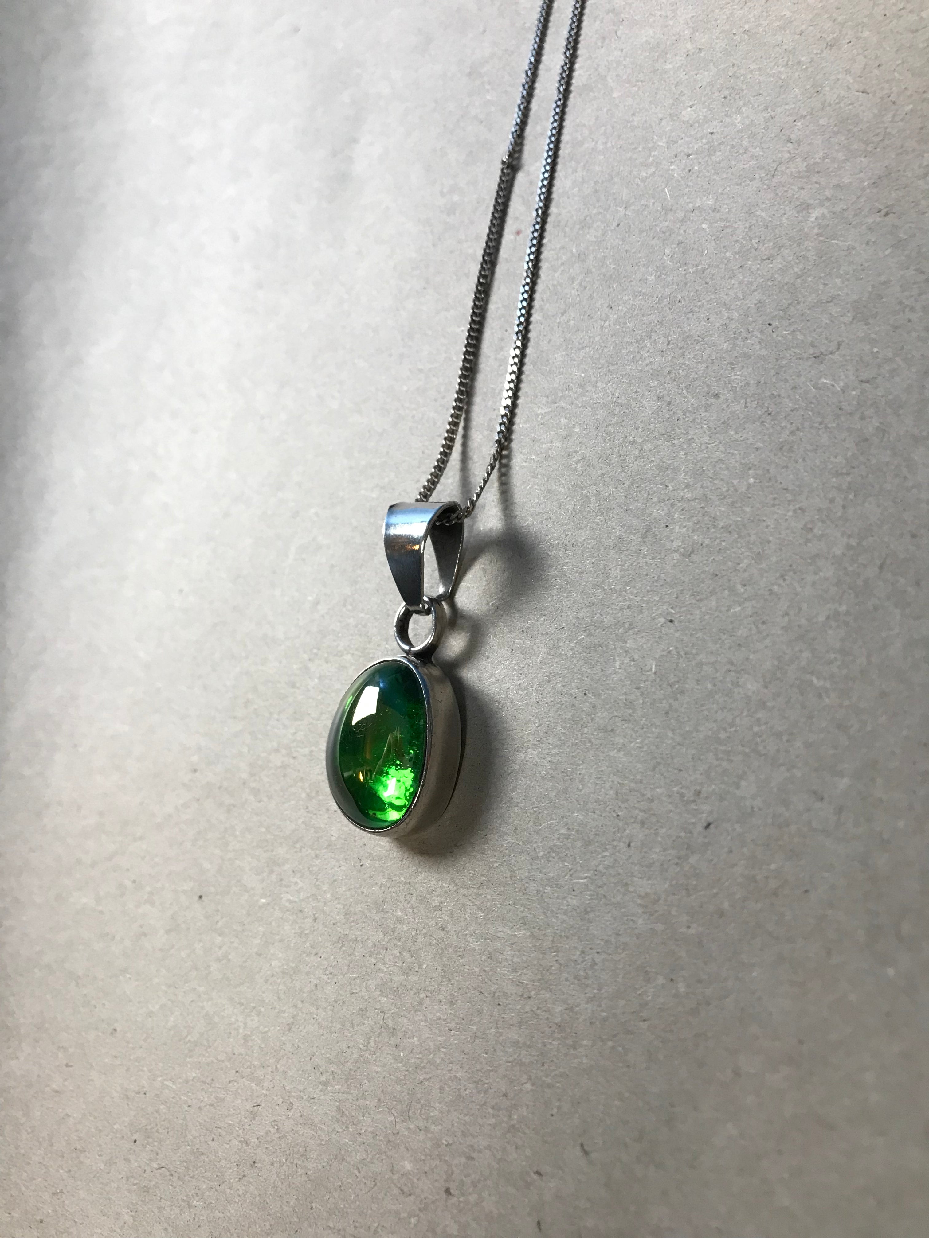 Vintage 1970s Silver Mexican Iridescent Green Ammolite Stone Pendant