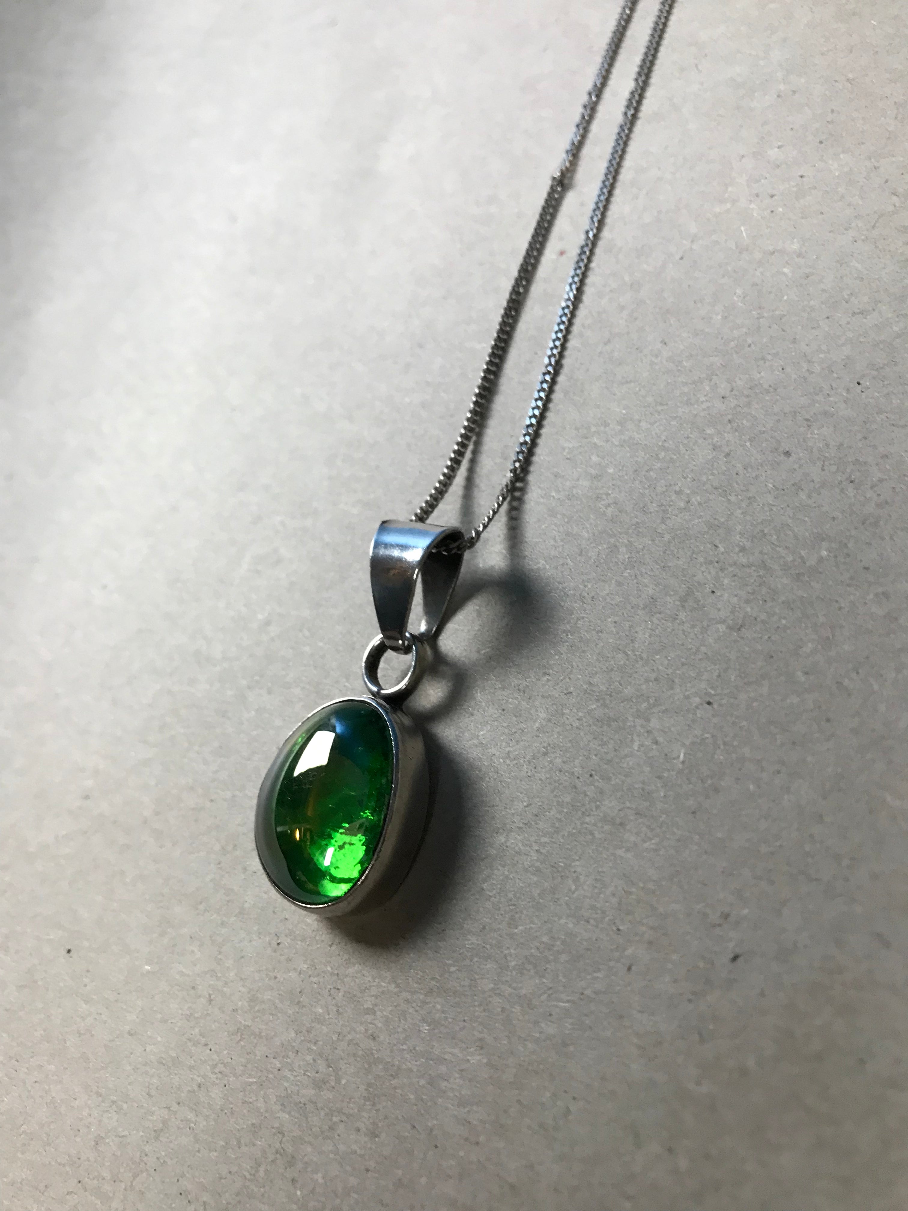 Vintage 1970s Silver Mexican Iridescent Green Ammolite Stone Pendant