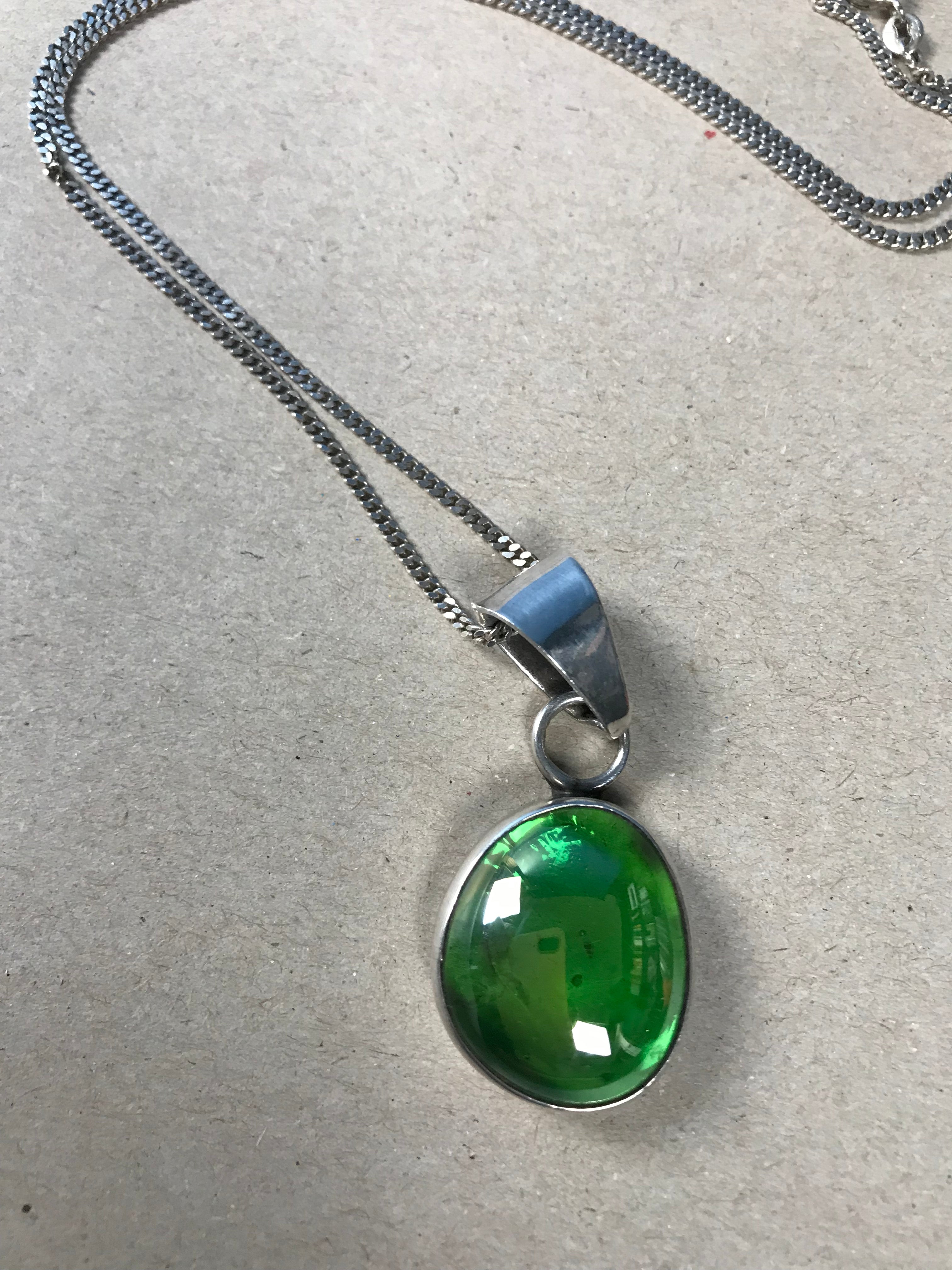 Vintage 1970s Silver Mexican Iridescent Green Ammolite Stone Pendant