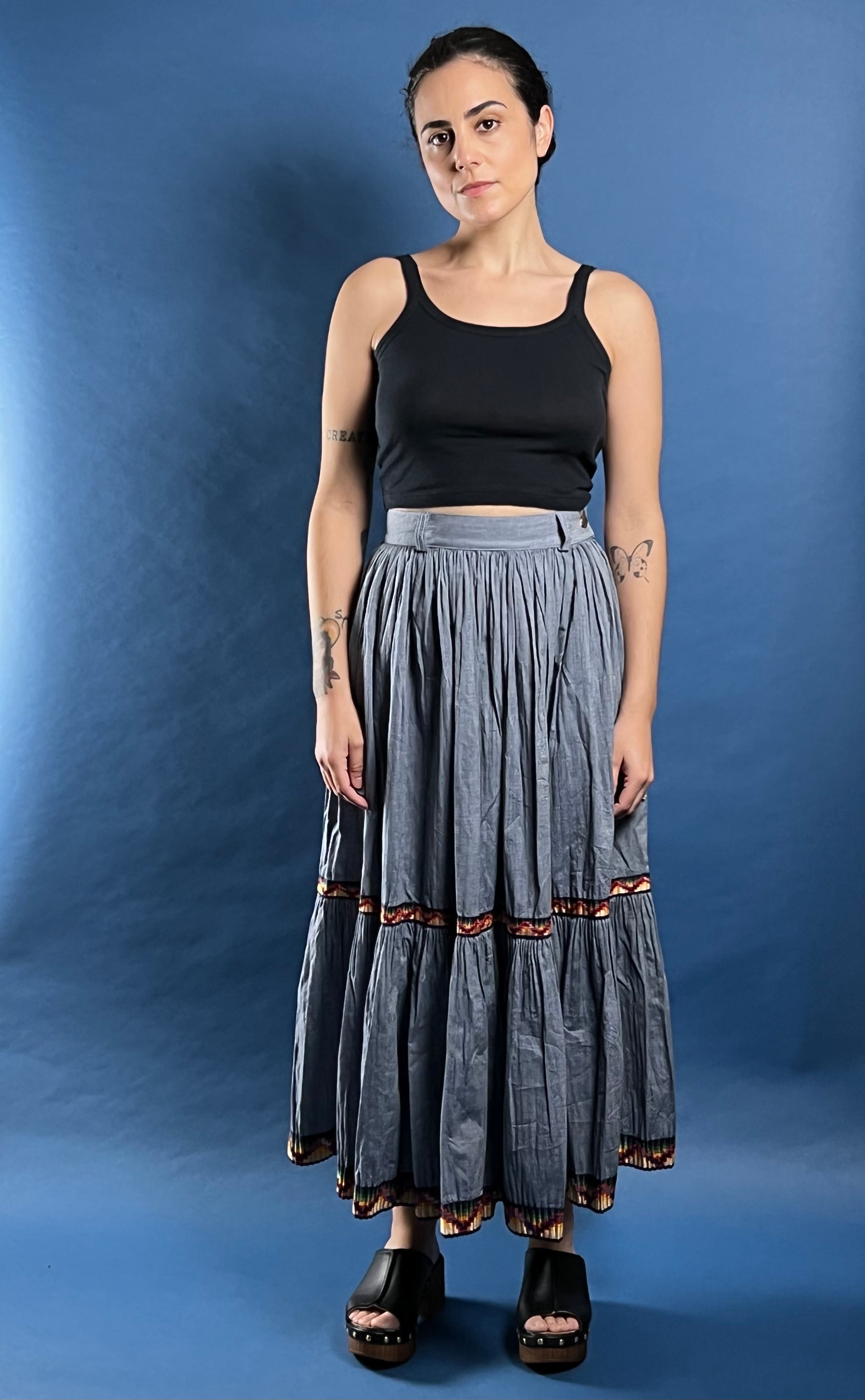 Vintage 1990s KENZO jeans Pleated Light Denim Maxi Skirt w/ The Great Wave Label