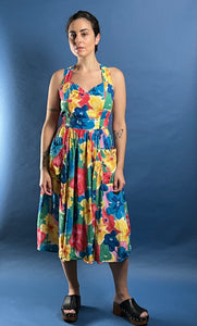 Vintage 1980s Floral Midi Satin Aline Dress