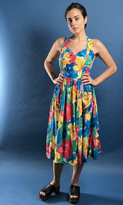 Vintage 1980s Floral Midi Satin Aline Dress