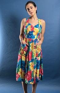 Vintage 1980s Floral Midi Satin Aline Dress