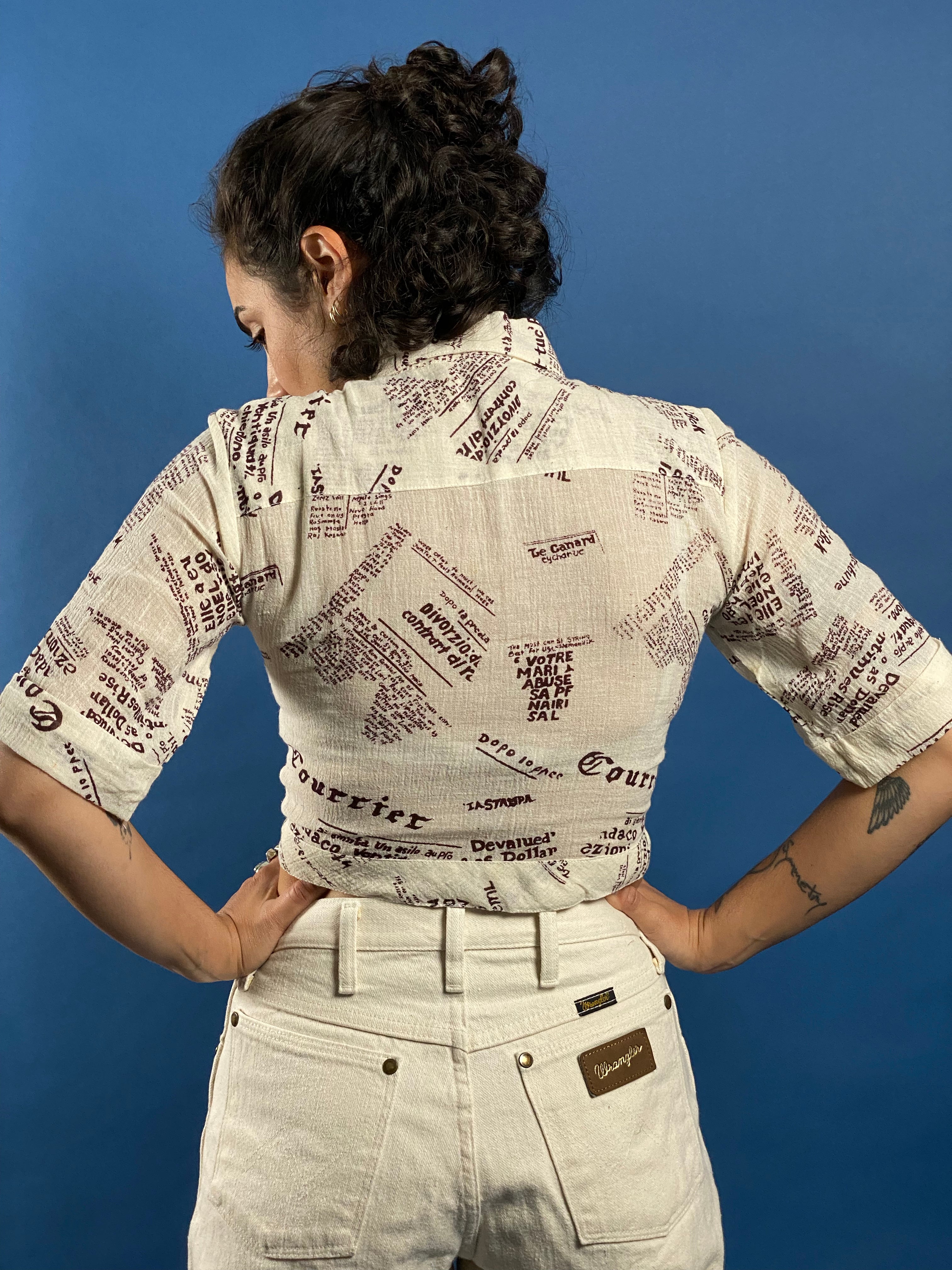 Vintage 1970s Newspaper Print Tie-Waist Top