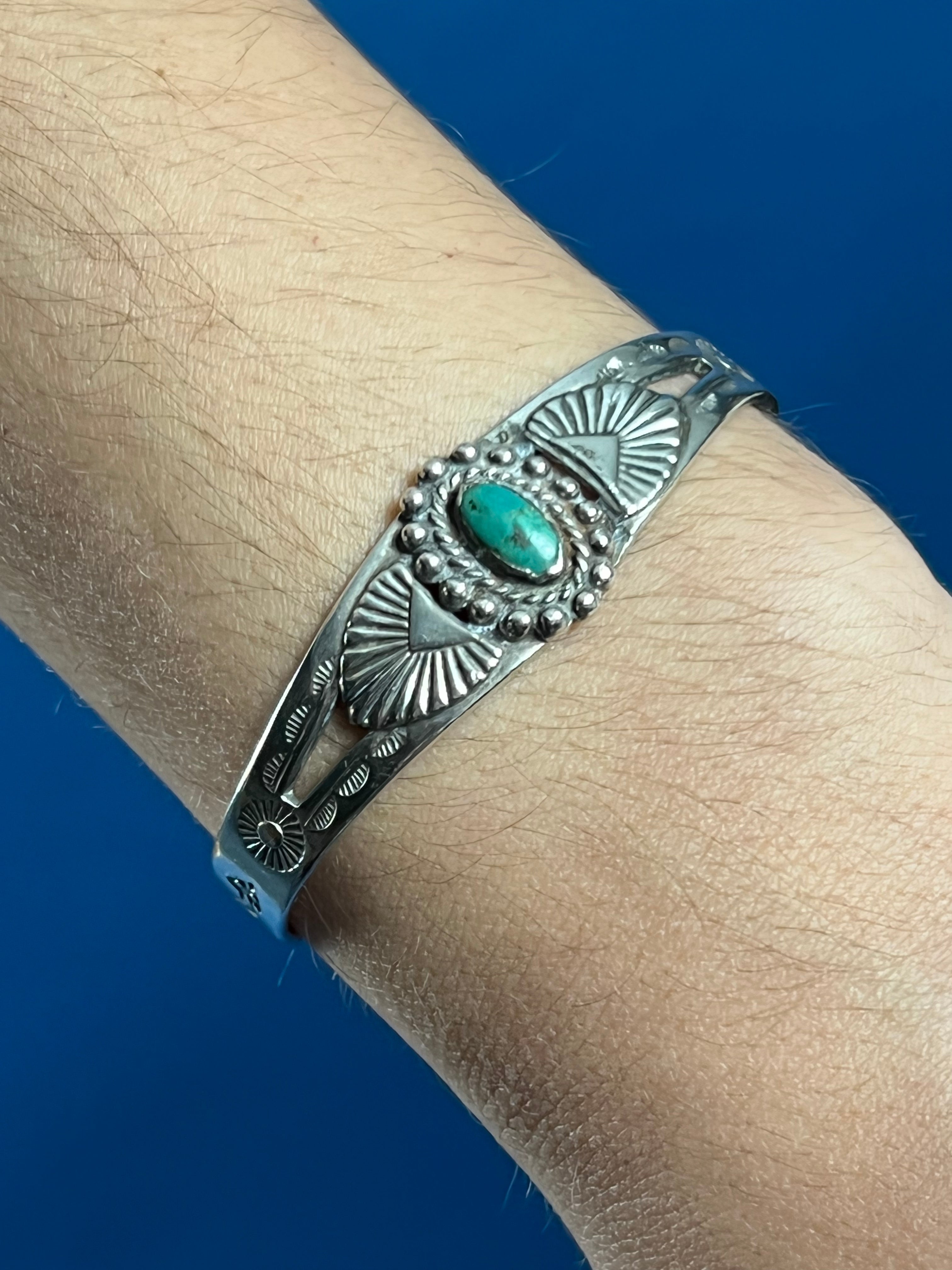 Vintage 1970s Native American Hopi Silver Cuff w/ Jade Stone