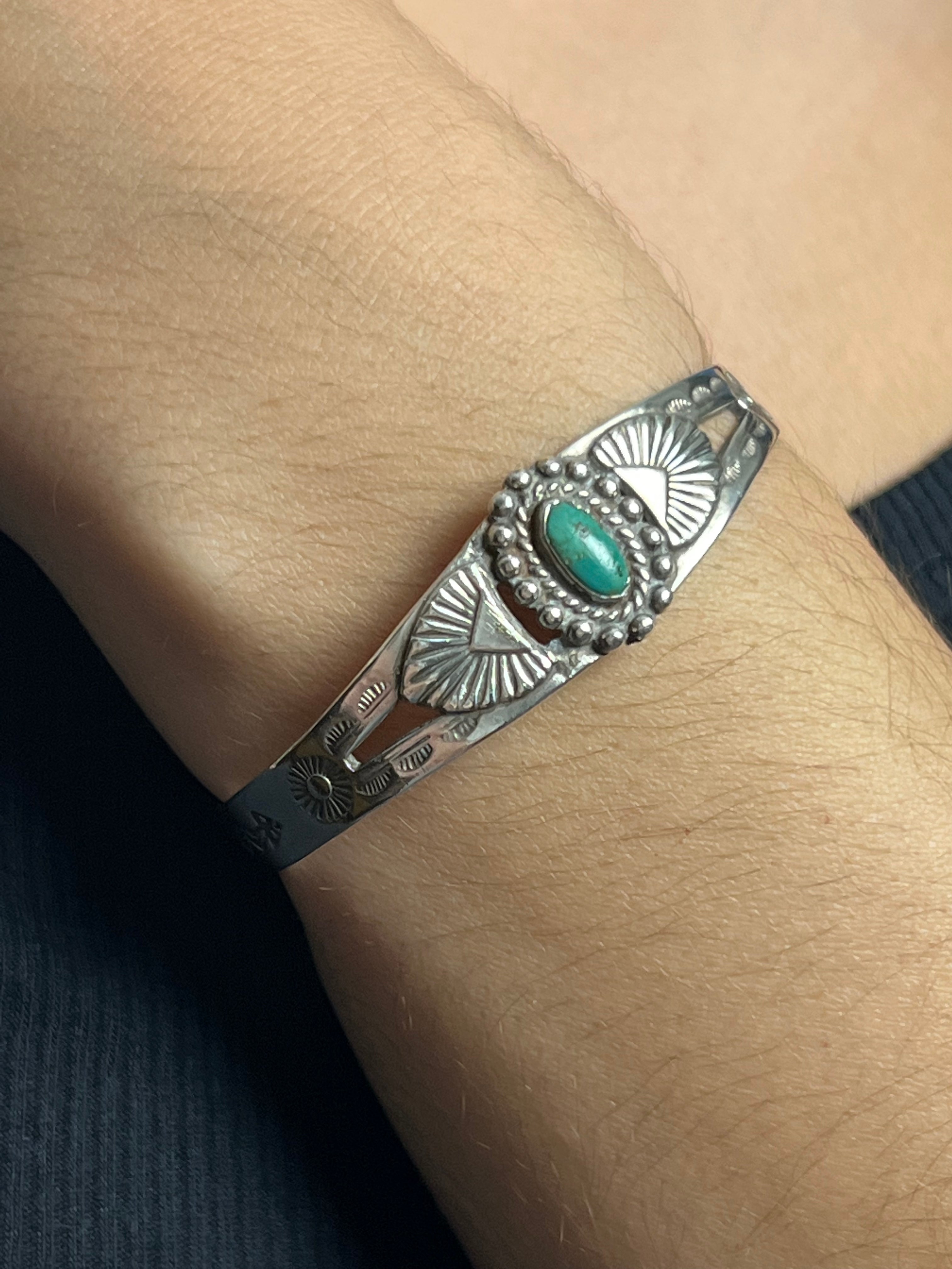 Vintage 1970s Native American Hopi Silver Cuff w/ Jade Stone