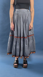 Load and play video in Gallery viewer, Vintage 1990s KENZO jeans Pleated Light Denim Maxi Skirt w/ The Great Wave Label
